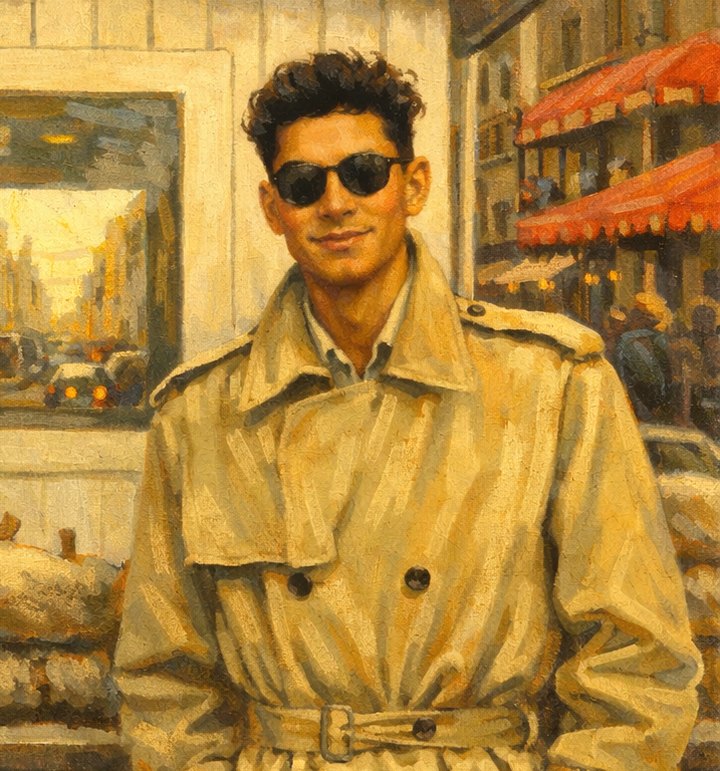 Painted portrait of Rick Huang in sunglasses and a trench coat in front of a Berlin checkpoint booth.